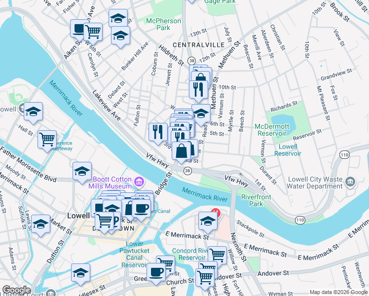 map of restaurants, bars, coffee shops, grocery stores, and more near 401 Bridge Street in Lowell