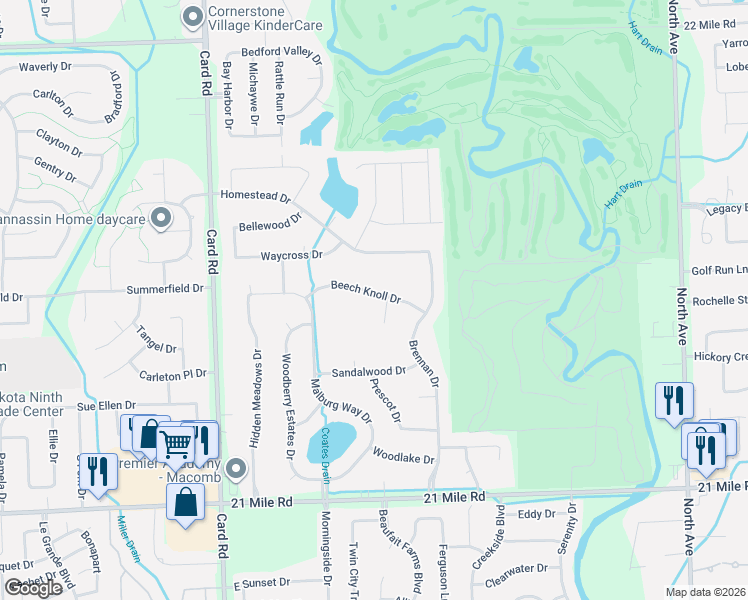 map of restaurants, bars, coffee shops, grocery stores, and more near 47643 Dloski Court in Macomb