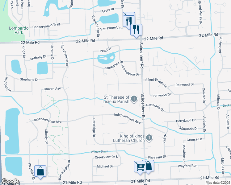 map of restaurants, bars, coffee shops, grocery stores, and more near 48261 Turia Court in Macomb County