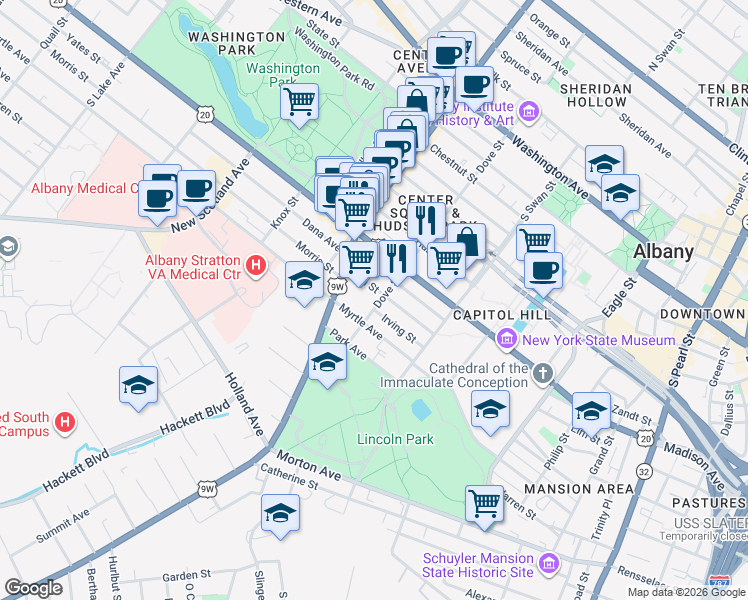 map of restaurants, bars, coffee shops, grocery stores, and more near 255 Elm Street in Albany