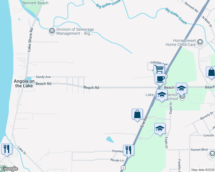 map of restaurants, bars, coffee shops, grocery stores, and more near 810 Beach Road in Angola