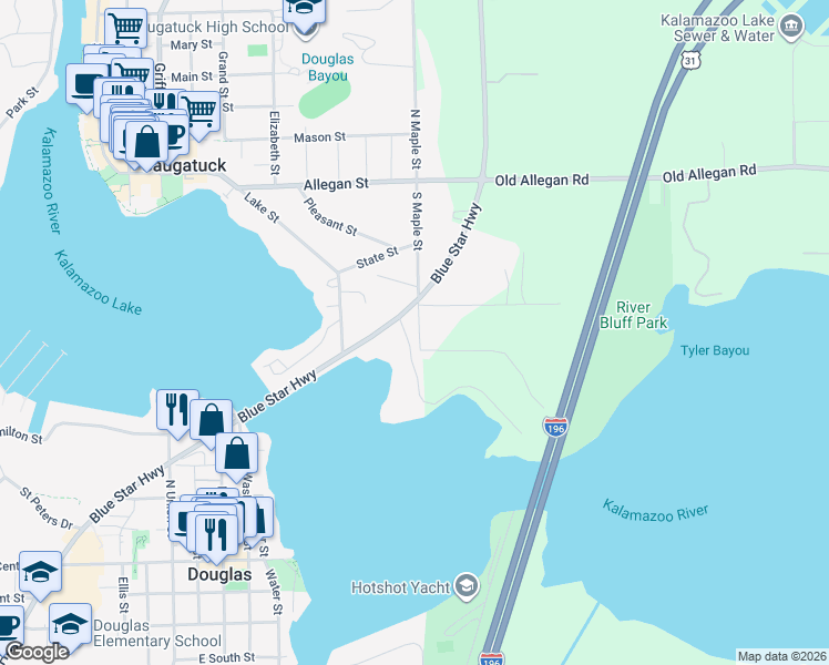 map of restaurants, bars, coffee shops, grocery stores, and more near 510 South Maple Street in Saugatuck