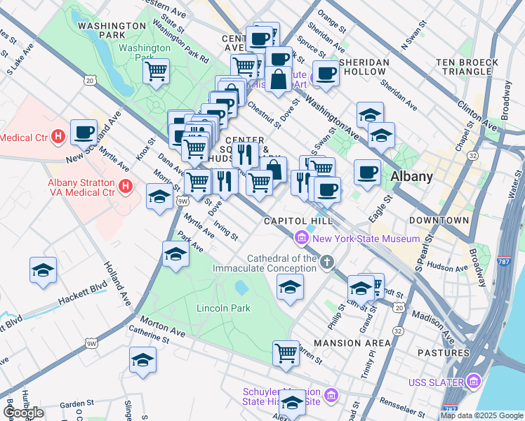 map of restaurants, bars, coffee shops, grocery stores, and more near 329 Madison Avenue in Albany