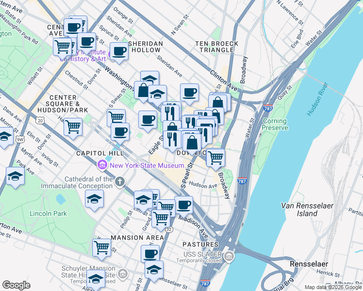 map of restaurants, bars, coffee shops, grocery stores, and more near 112 State Street in Albany
