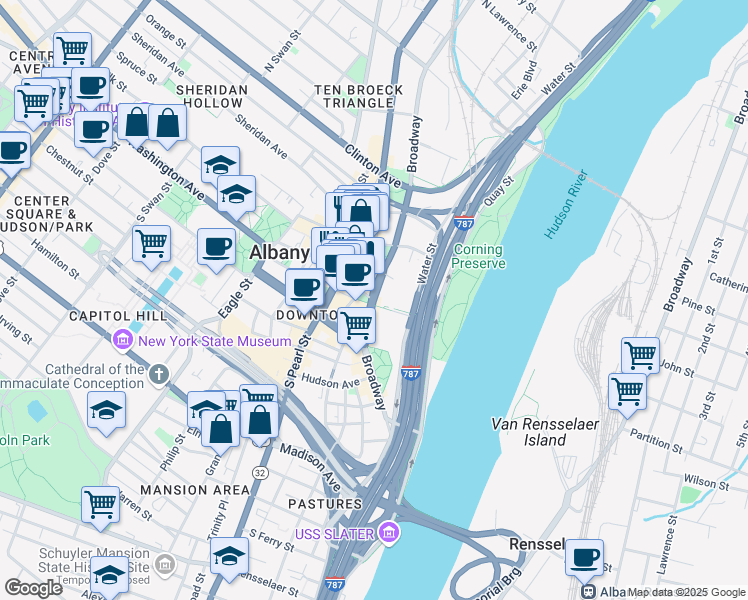 map of restaurants, bars, coffee shops, grocery stores, and more near Broadway & Pine Street in Albany