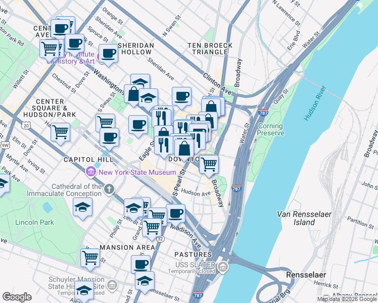 map of restaurants, bars, coffee shops, grocery stores, and more near 40 Lodge Street in Albany