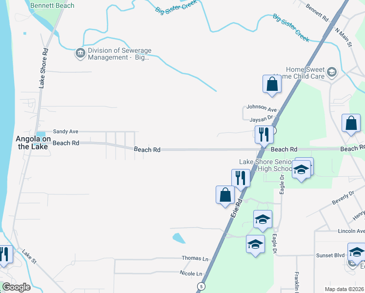 map of restaurants, bars, coffee shops, grocery stores, and more near 810 Beach Road in Angola