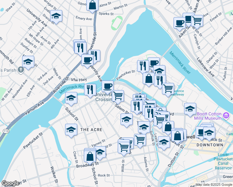map of restaurants, bars, coffee shops, grocery stores, and more near in Lowell