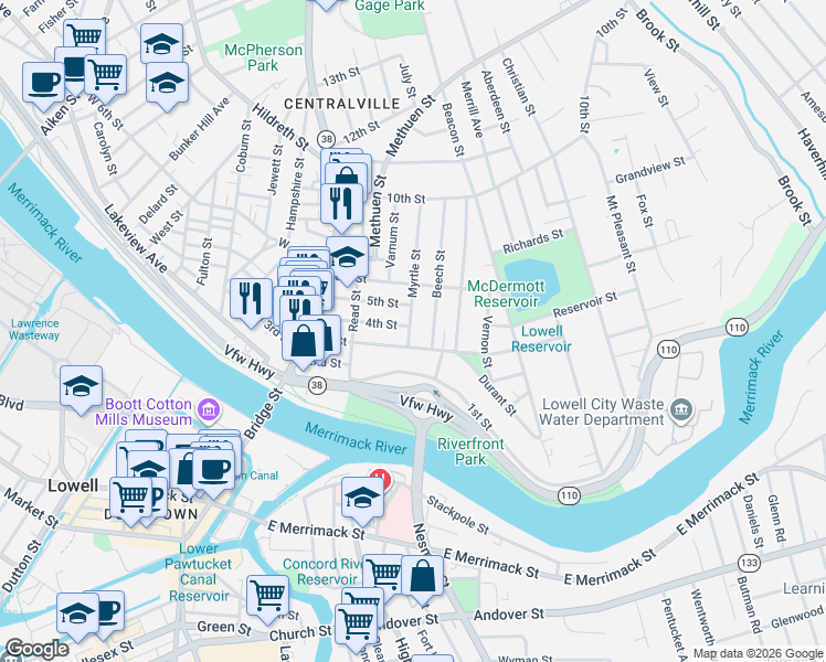 map of restaurants, bars, coffee shops, grocery stores, and more near 38 Myrtle Street in Lowell