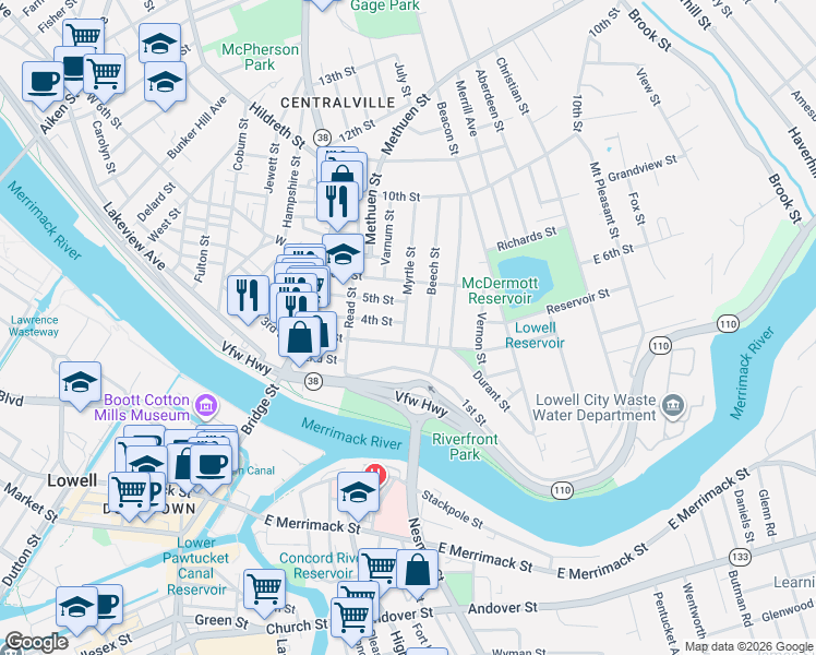 map of restaurants, bars, coffee shops, grocery stores, and more near 38 Myrtle Street in Lowell