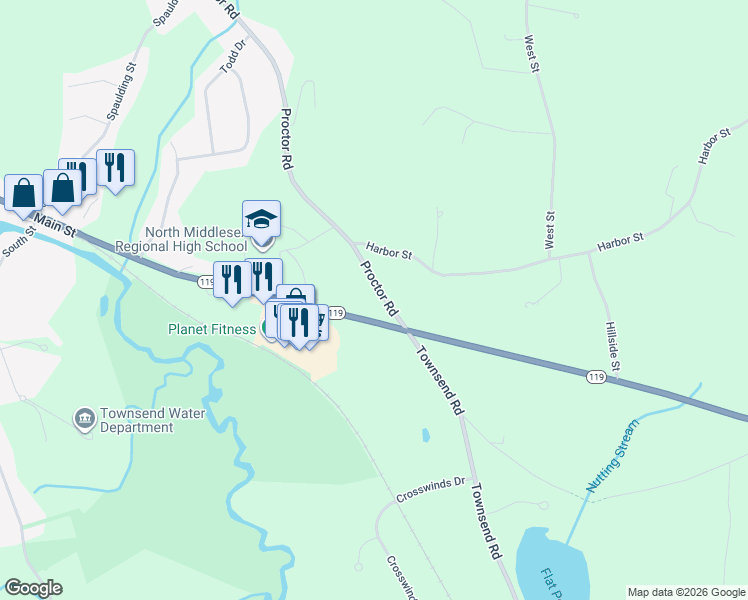 map of restaurants, bars, coffee shops, grocery stores, and more near 6 Proctor Road in Pepperell