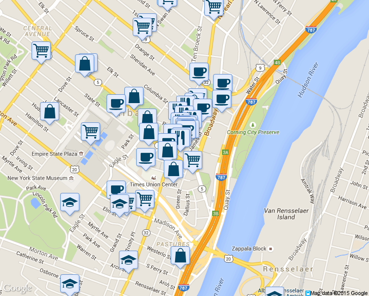 map of restaurants, bars, coffee shops, grocery stores, and more near 40 North Pearl Street in Albany