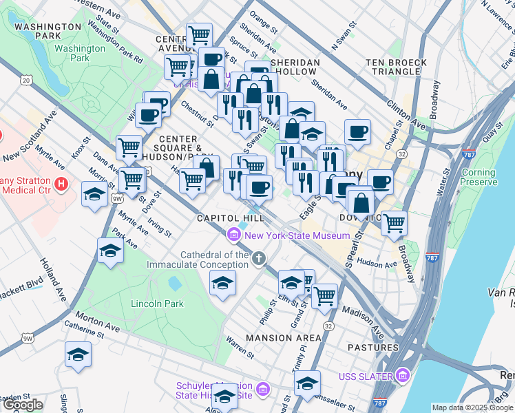 map of restaurants, bars, coffee shops, grocery stores, and more near South Mall Arterial in Albany