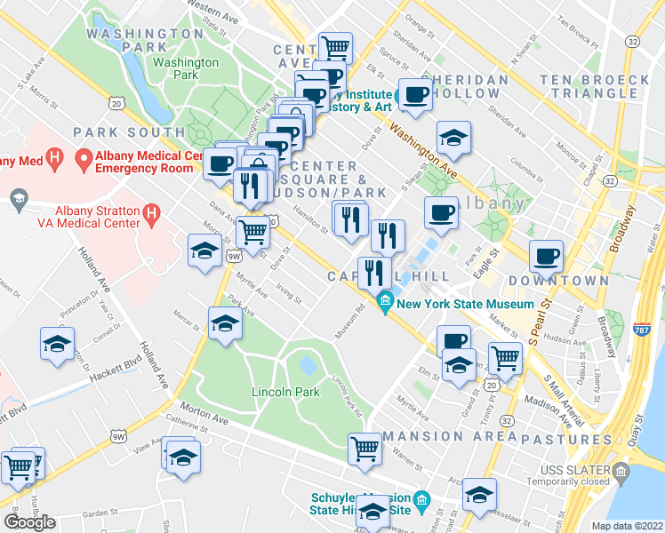 map of restaurants, bars, coffee shops, grocery stores, and more near 310 Hamilton Street in Albany