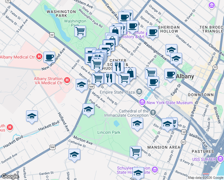 map of restaurants, bars, coffee shops, grocery stores, and more near 370 Madison Avenue in Albany