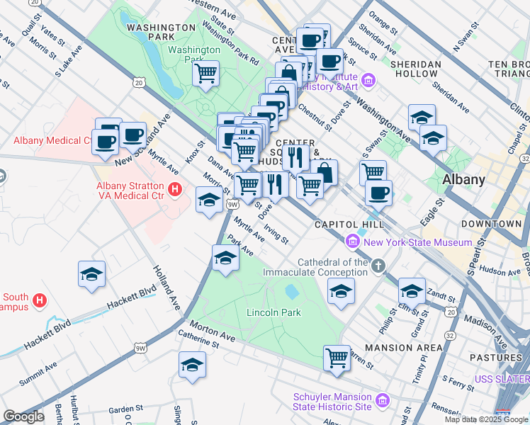 map of restaurants, bars, coffee shops, grocery stores, and more near 255 Elm Street in Albany