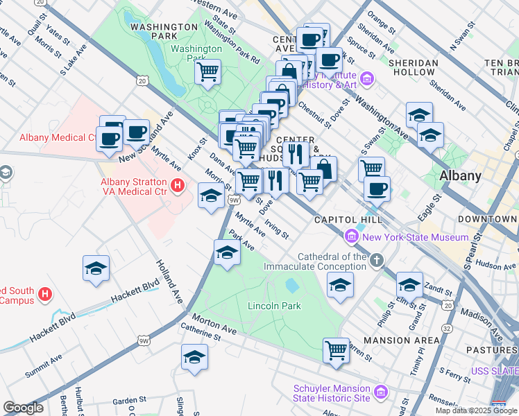 map of restaurants, bars, coffee shops, grocery stores, and more near 255 Elm Street in Albany