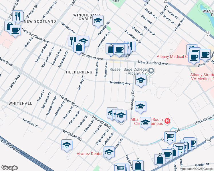 map of restaurants, bars, coffee shops, grocery stores, and more near 31 Forest Avenue in Albany