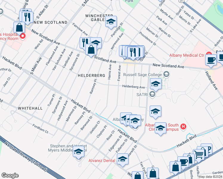 map of restaurants, bars, coffee shops, grocery stores, and more near 31 Harris Avenue in Albany
