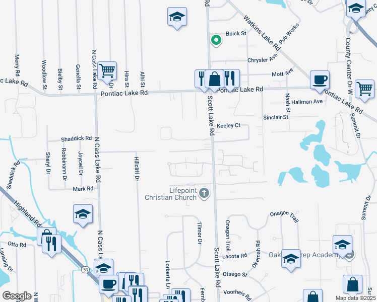 map of restaurants, bars, coffee shops, grocery stores, and more near 3082 Brookside Drive in Waterford Township