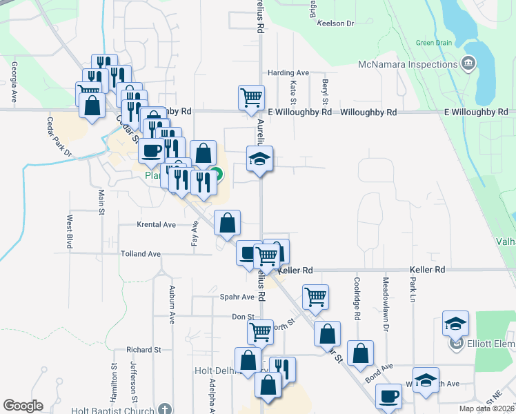 map of restaurants, bars, coffee shops, grocery stores, and more near 2370 North Aurelius Road in Delhi charter Township