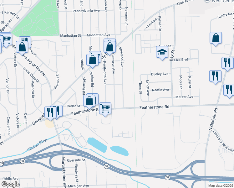 map of restaurants, bars, coffee shops, grocery stores, and more near 448 Cameron Avenue in Pontiac