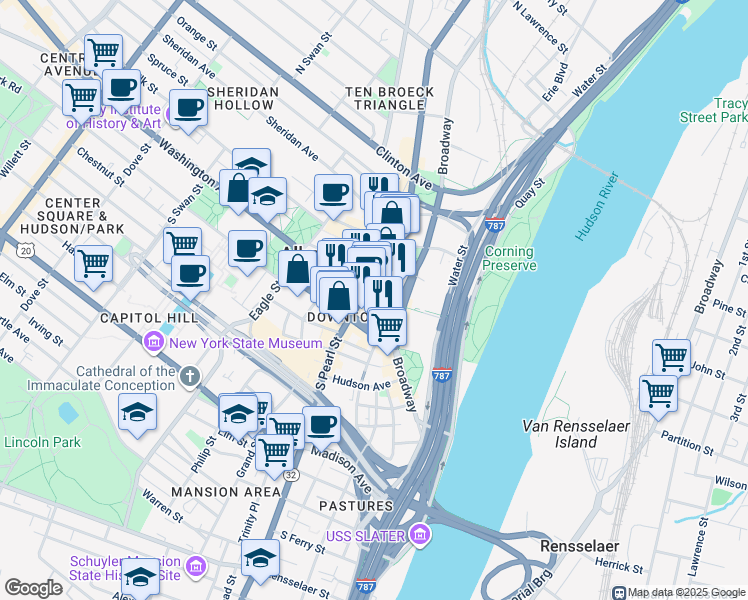 map of restaurants, bars, coffee shops, grocery stores, and more near 34 Maiden Lane in Albany