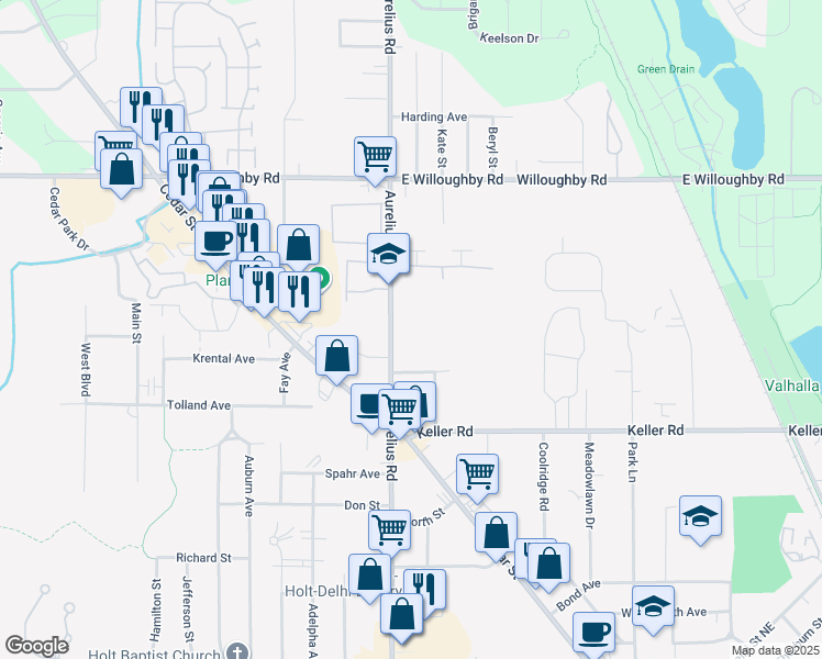 map of restaurants, bars, coffee shops, grocery stores, and more near 2370 Aurelius Road in Holt