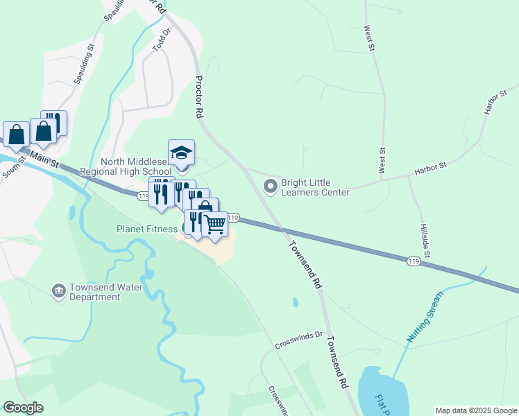 map of restaurants, bars, coffee shops, grocery stores, and more near 6 Proctor Road in Pepperell