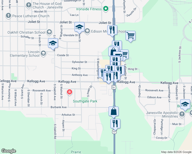 map of restaurants, bars, coffee shops, grocery stores, and more near 1210 Anthony Avenue in Janesville