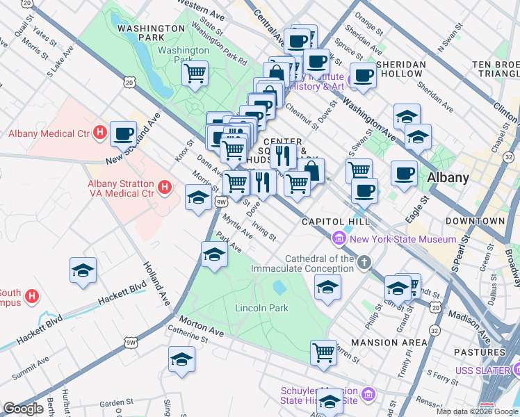 map of restaurants, bars, coffee shops, grocery stores, and more near 370 Madison Avenue in Albany