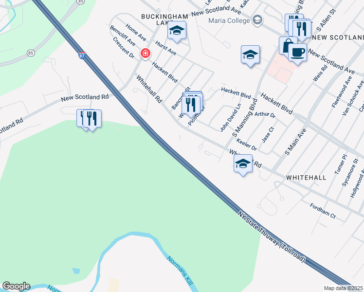 map of restaurants, bars, coffee shops, grocery stores, and more near 424 Whitehall Road in Albany
