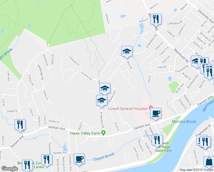map of restaurants, bars, coffee shops, grocery stores, and more near 285 West Meadow Road in Lowell