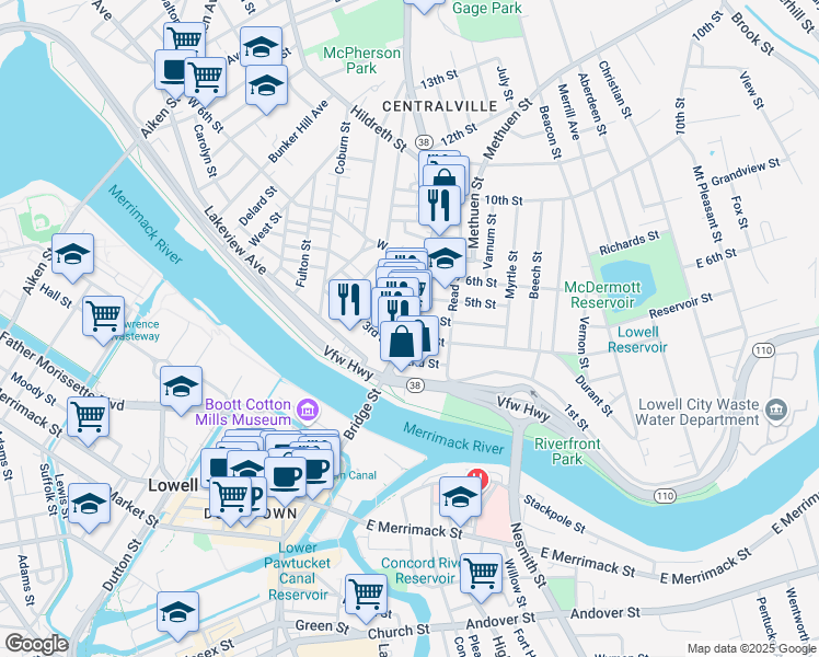 map of restaurants, bars, coffee shops, grocery stores, and more near 415 Bridge Street in Lowell