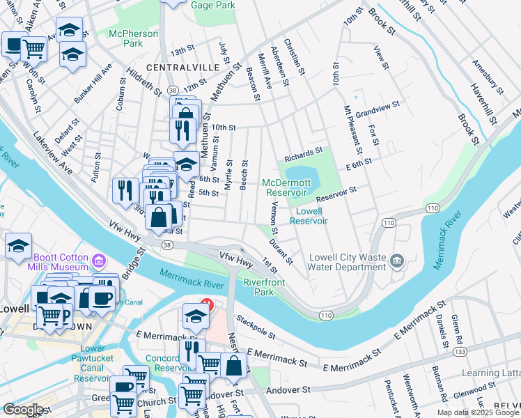 map of restaurants, bars, coffee shops, grocery stores, and more near 44 Fremont Street in Lowell