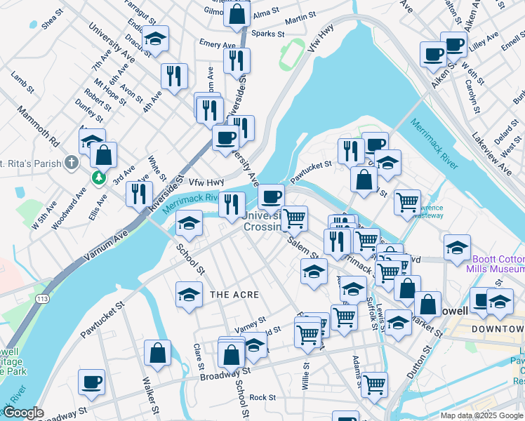 map of restaurants, bars, coffee shops, grocery stores, and more near 233 Pawtucket Street in Lowell
