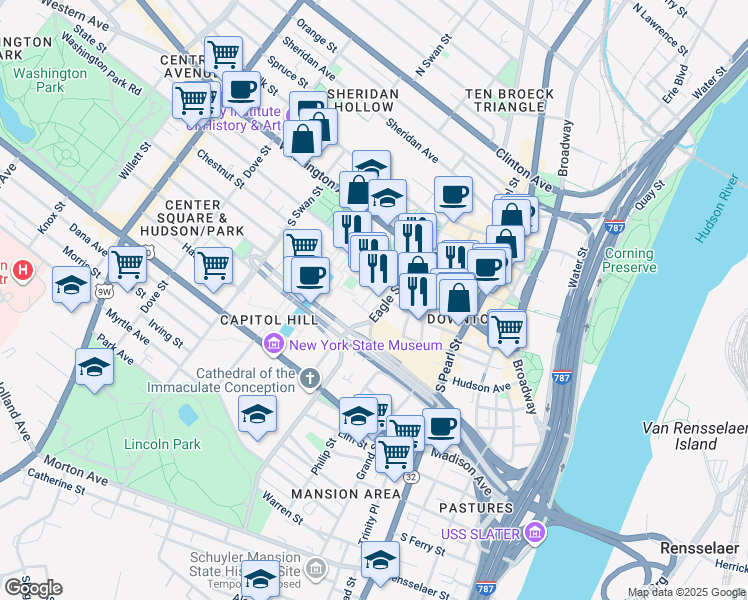 map of restaurants, bars, coffee shops, grocery stores, and more near 20 Park Street in Albany
