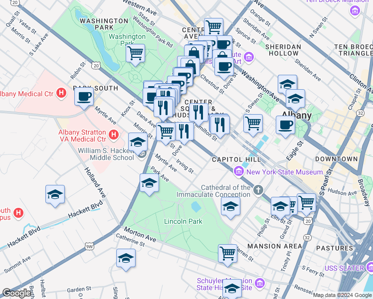 map of restaurants, bars, coffee shops, grocery stores, and more near 370 Madison Avenue in Albany