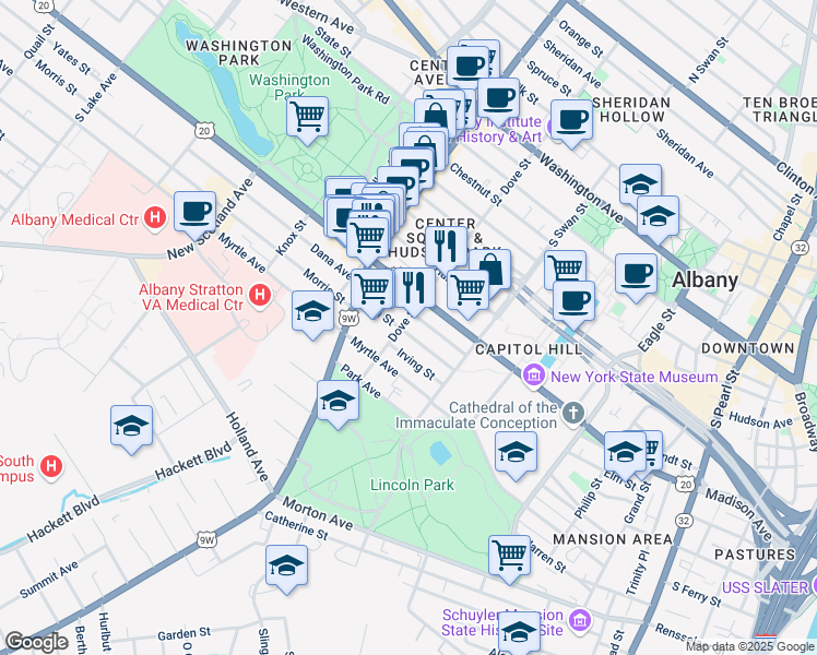 map of restaurants, bars, coffee shops, grocery stores, and more near 370 Madison Avenue in Albany