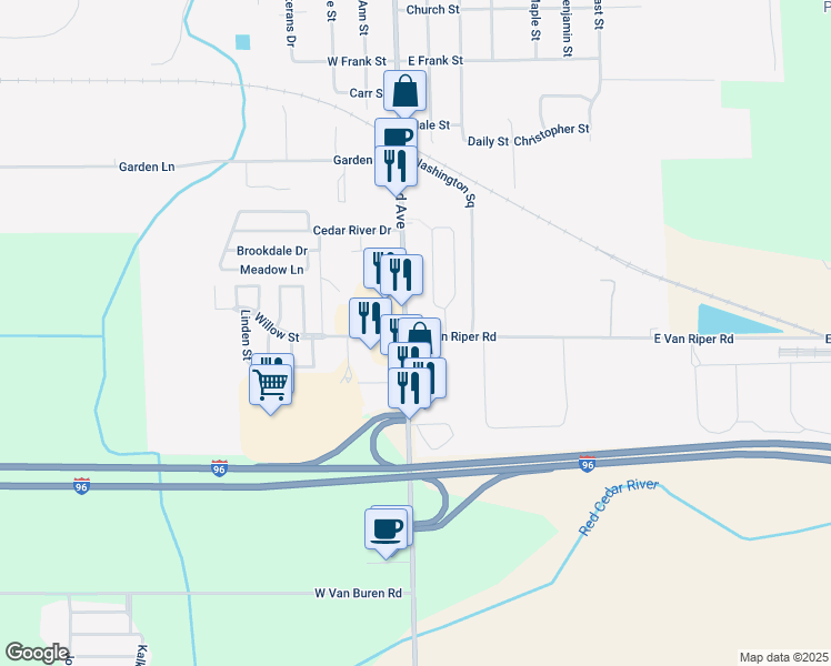 map of restaurants, bars, coffee shops, grocery stores, and more near 701 Village Drive in Fowlerville