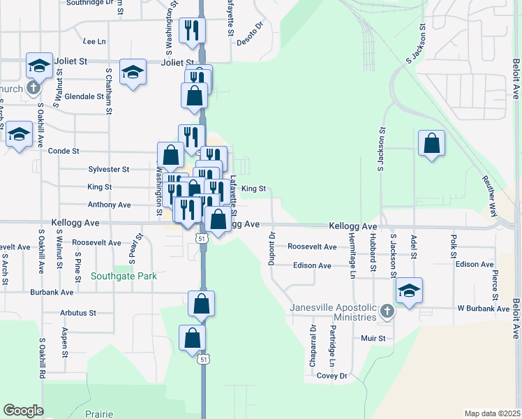map of restaurants, bars, coffee shops, grocery stores, and more near 831 King Street in Janesville