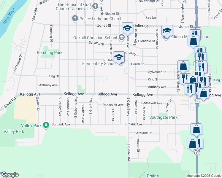 map of restaurants, bars, coffee shops, grocery stores, and more near 2001 King Street in Janesville