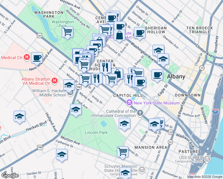 map of restaurants, bars, coffee shops, grocery stores, and more near 335 Madison Avenue in Albany
