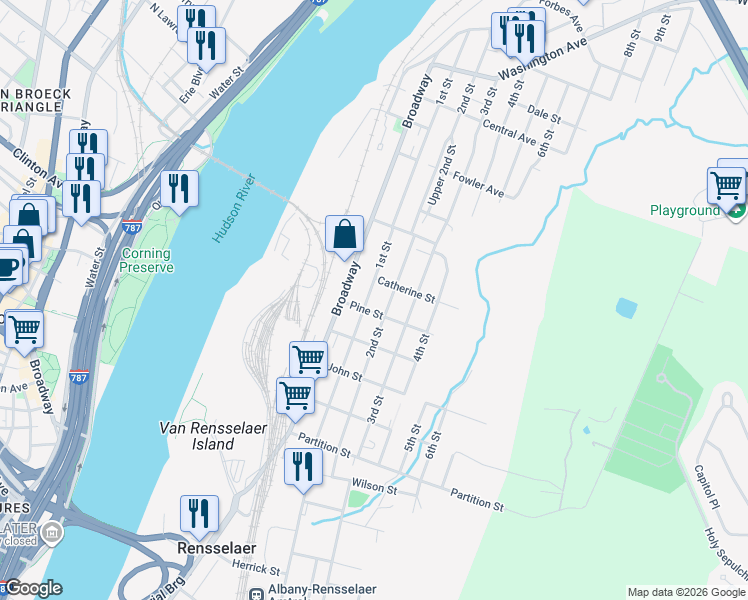 map of restaurants, bars, coffee shops, grocery stores, and more near 1303 2nd Street in Rensselaer