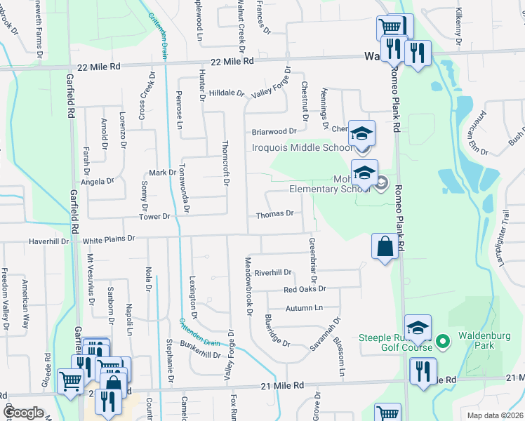 map of restaurants, bars, coffee shops, grocery stores, and more near 48135 Tucks Lane in Macomb