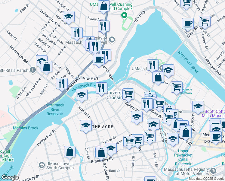 map of restaurants, bars, coffee shops, grocery stores, and more near 233 Pawtucket Street in Lowell