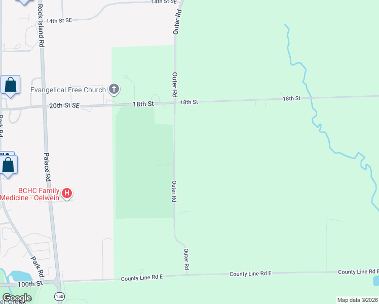 map of restaurants, bars, coffee shops, grocery stores, and more near 1502 Outer Road in Oelwein