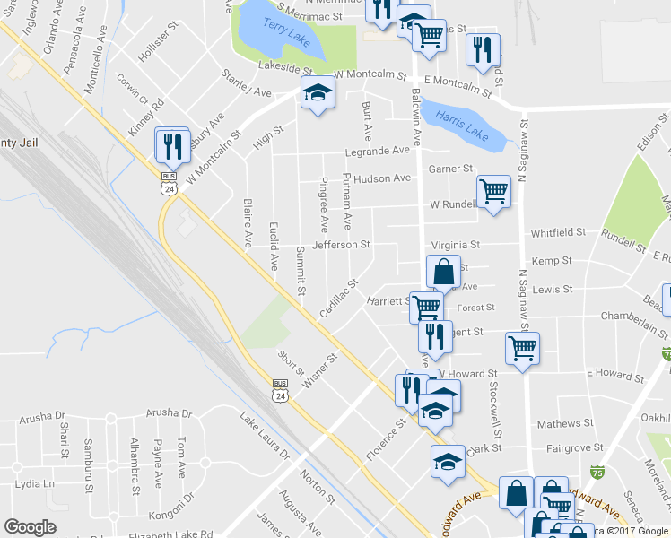 map of restaurants, bars, coffee shops, grocery stores, and more near 50 Pingree Avenue in Pontiac