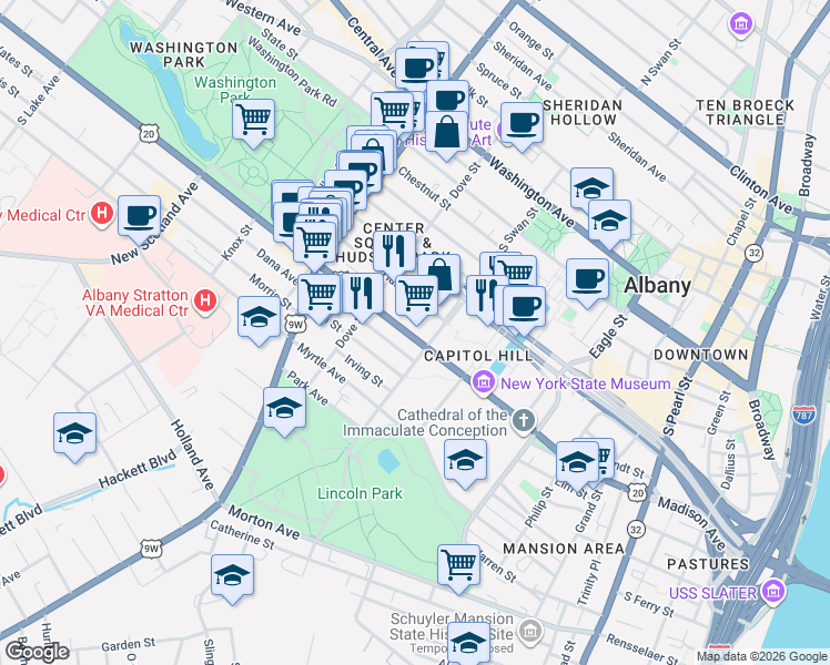 map of restaurants, bars, coffee shops, grocery stores, and more near 337 Madison Avenue in Albany