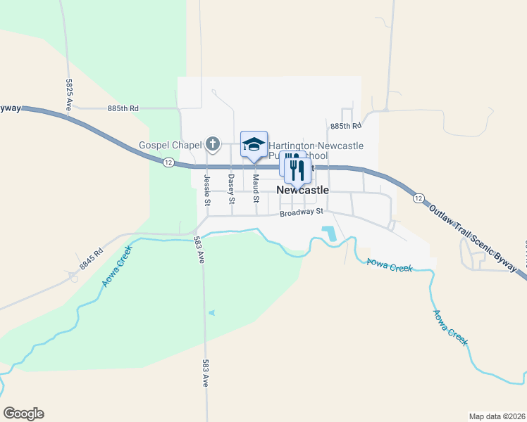 map of restaurants, bars, coffee shops, grocery stores, and more near 505 Broadway Street in Newcastle